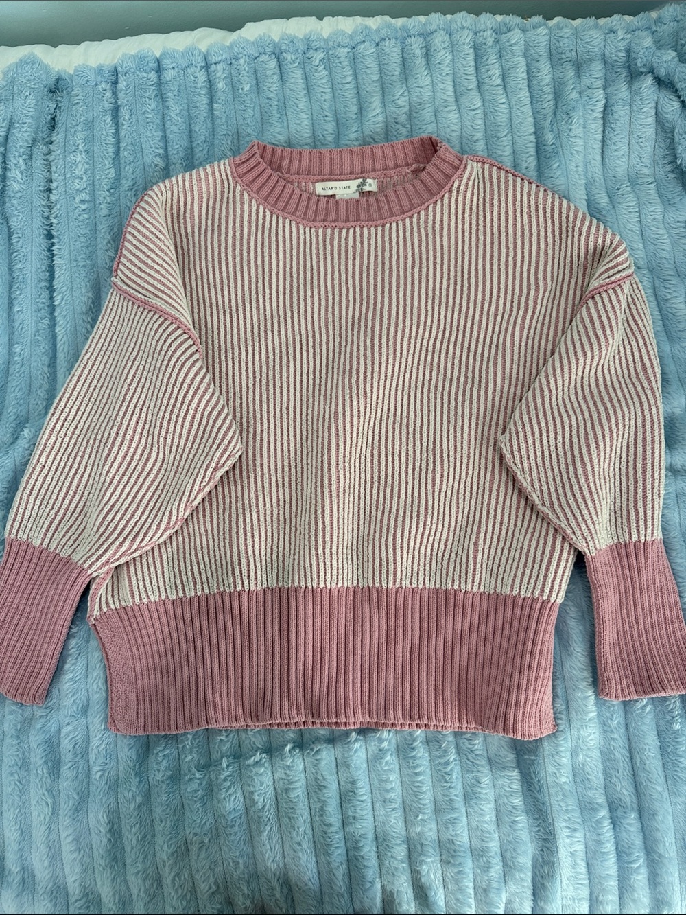 Altar'd State Pink & Cream Striped Crewneck Sweater